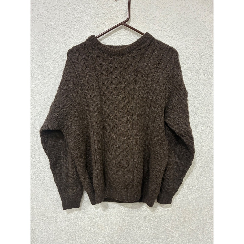Orvis Mens Pure New Wool Cable Knit Sweater Made in Ireland Brown Medium